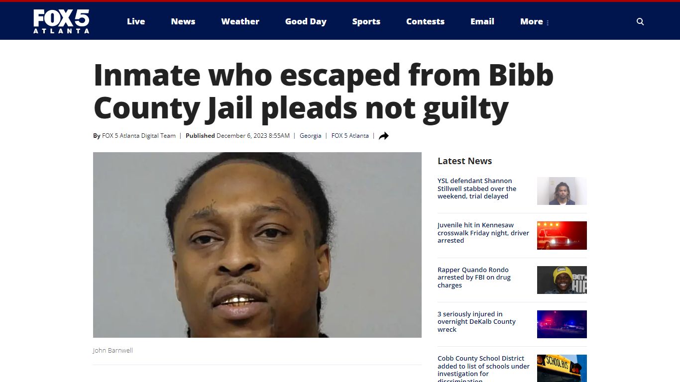 Inmate who escaped from Bibb County Jail pleads not guilty - FOX 5 Atlanta